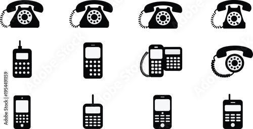 Icon set of telephones showing evolution from rotary dial landline phones to mobile and modern smartphones, illustrating communication technology history for stock use.