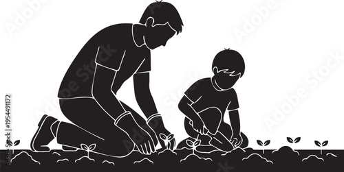 Father and child planting seedlings in garden illustration silhouette