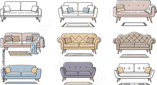 Modern Sofa Collection with Minimalist, Classic, and Cozy Couch Designs Cartoon Vector Set for Living Room, Interior Decoration, and Home Furniture Illustrations