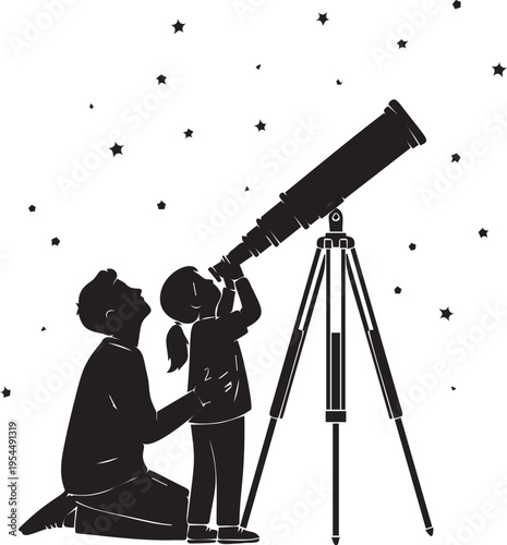 Father and daughter silhouette stargazing with telescope in night sky with stars vector illustration for family education concept