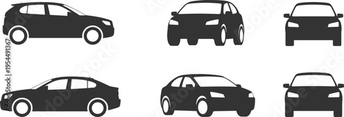 Silhouette illustration of compact SUV and sedan cars shown in side, three-quarter front, and front views, symbolizing vehicle design and automotive comparison.