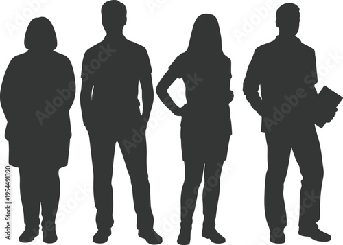 Silhouette illustration of diverse individuals in varied postures and attire, symbolizing diversity, anonymity, teamwork, and professional or educational contexts for stock design.