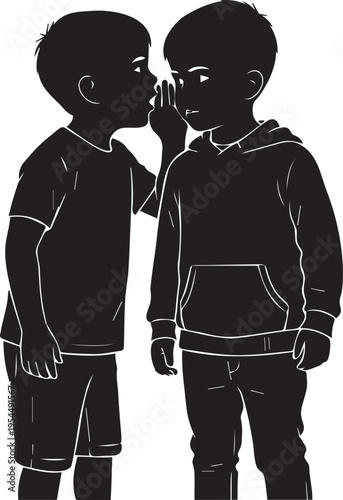 Two young boys whispering secrets to each other in silhouette, friendship and childhood communication concept