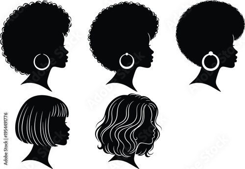 Silhouette illustration of women’s profiles with diverse hairstyles and accessories, symbolizing cultural beauty, fashion, and individuality in hair design for stock use.