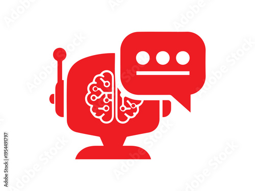 A bright red graphic illustrates a robot head revealing an intricate internal brain structure next to a message notification bubble.