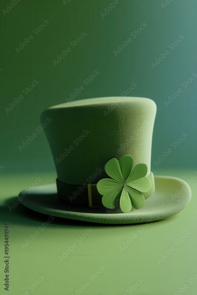 Obraz premium Green leprechaun top hat with four-leaf clover for St. Patrick's Day celebration and luck concept