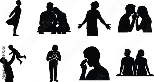 Human emotions and relationships silhouette set, people icons representing mental health, family life, love, and social conflict, diverse psychological feeling symbols, flat vector collection