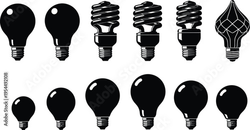 Black silhouette collection of diverse light bulb designs including incandescent, fluorescent, and decorative styles, showcasing evolution of lighting shapes for energy and interior inspiration