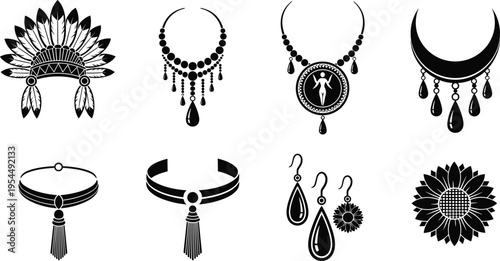 Black and white vector set of Christmas ornaments and floral silhouette decorations with vintage design elements