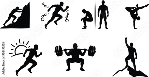 Human Personal Growth and Success Silhouette Vector Icon Set; Concepts for Resilience, Mental Health, Achievement, Strength, and Overcoming Obstacles for Business and Wellness Marketing