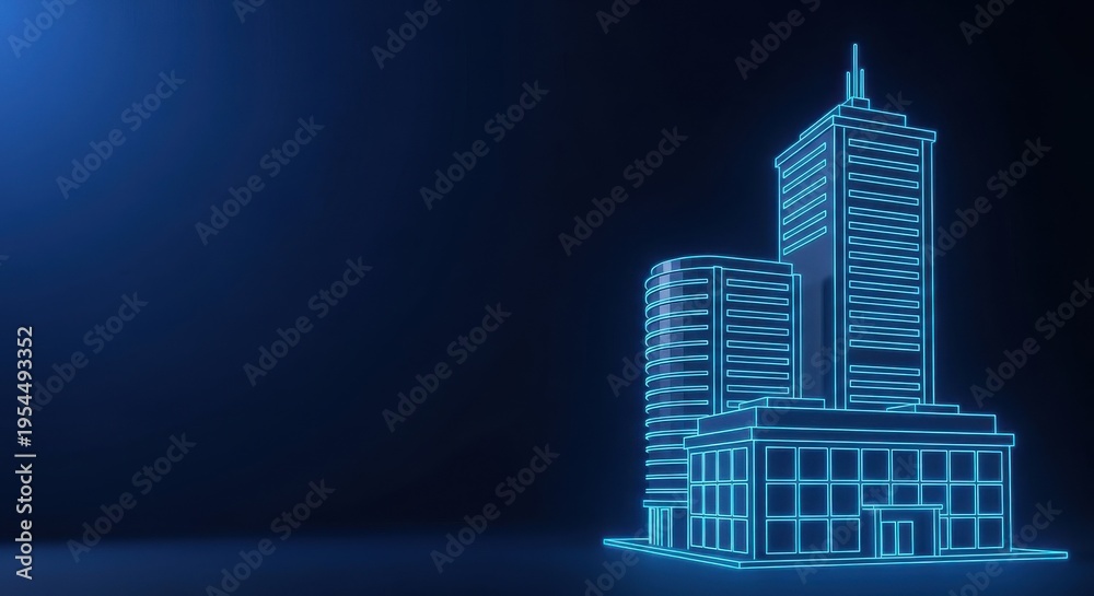 Fototapeta premium Blue Neon Architectural Wireframe of Modern City Buildings