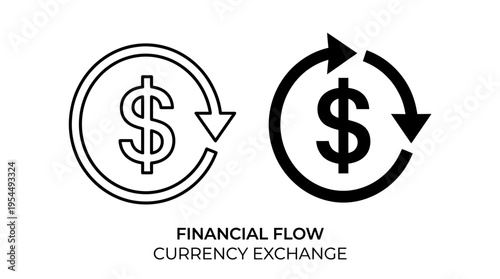 Black and white dollar sign icons with arrows, symbolizing financial flow, currency exchange, trade, economics, and global monetary transactions.