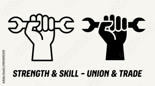 Powerful black and white fist holding wrench illustration symbolizing union, trade, labor strength, solidarity, and skilled craftsmanship empowerment.