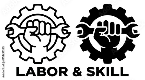 Industrial black and white gear icons with fist gripping wrench, symbolizing labor, skill, craftsmanship, mechanical work, and vocational strength.