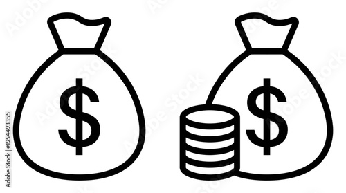 Stylized black and white money bags with dollar signs and coin stack, symbolizing wealth, savings, finance, investment, and economic value.
