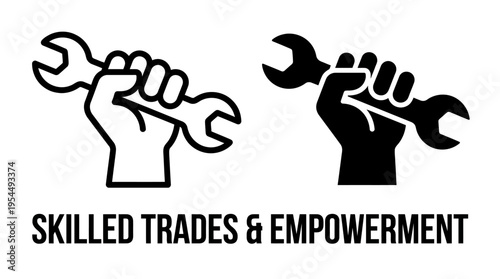 Bold black and white fist holding wrench illustration symbolizing skilled trades, empowerment, strength, labor, and vocational workforce development.