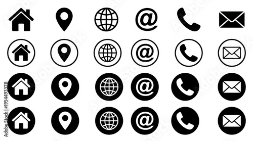 Minimalist black and white contact icons set featuring home, location, globe, email, phone, and envelope in three distinct styles.
