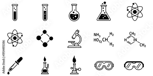 A collection of black and white line icons representing various scientific instruments, chemical structures, and laboratory equipment for experiments and research.