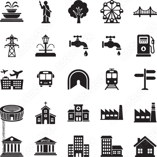 infrastructure and city elements, monochrome icons set.