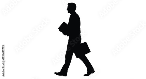 A businessman walking with bags depicted in stark black silhouette