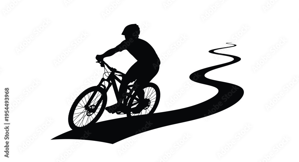 Fototapeta premium Mountain biker riding on a winding path dramatic black silhouette