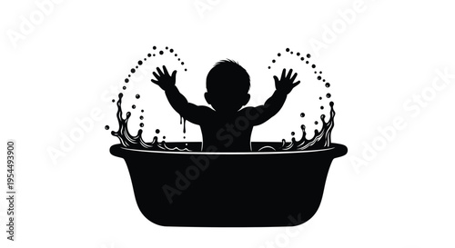 A child joyfully plays in a bathtub depicted in black silhouette