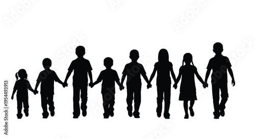 A group of children holding hands depicted in black silhouette