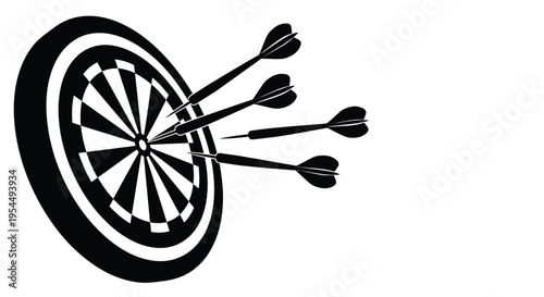 A black dartboard with multiple darts hitting the bullseye silhouette