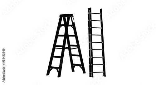 Two ladders one a frame and one straight in black silhouette