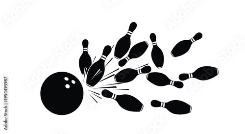 Bowling ball strikes pins in a dynamic black silhouette