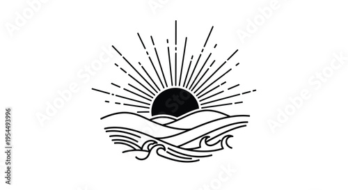 Minimalist landscape with sun and waves a striking black silhouette