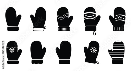 Collection of winter mittens in various designs a black silhouette
