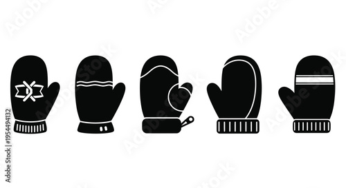 Five winter mittens displayed in a clean black silhouette