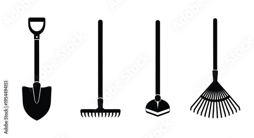 Four gardening tools displayed in a minimalist black silhouette