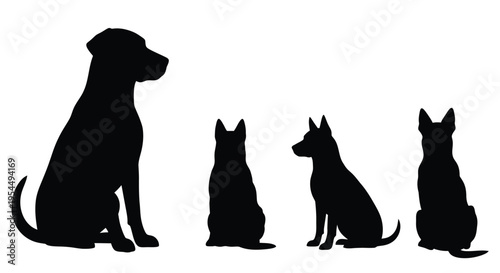 Four dogs in black showcasing distinct poses and a bold silhouette