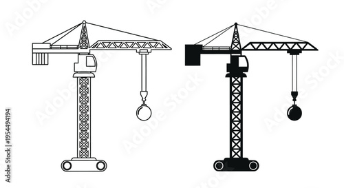 Two tower crane illustrations one outlined and one a solid silhouette