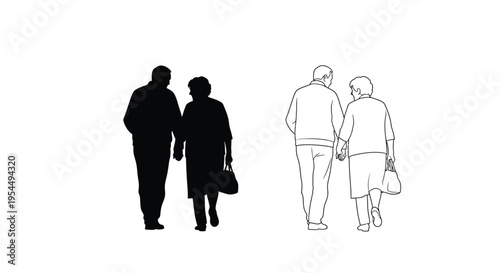 Two couples walking one in shadow and the other outlined silhouette