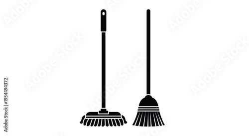 Two cleaning tools a mop and broom presented as a silhouette