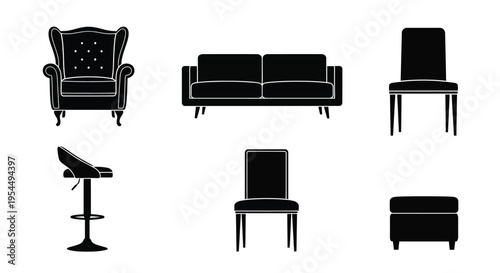 Black furniture set including chairs sofa stool and ottoman silhouette