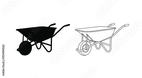 Two wheelbarrows depicted a solid form and a line drawing silhouette