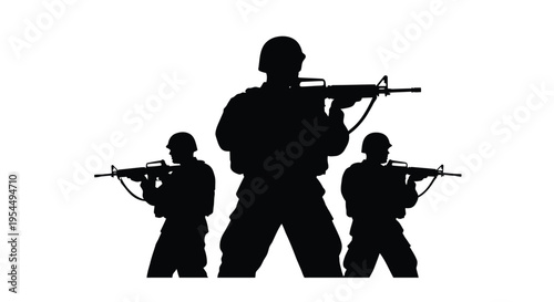 Three soldiers with rifles stand guard in a dark silhouette