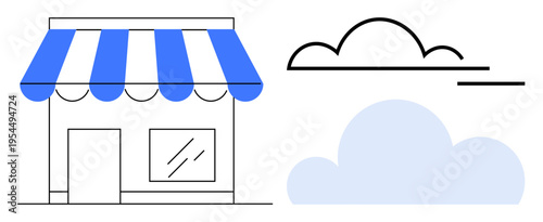 Local business, cloud technology, e-commerce, small enterprise, online retail, business solutions. A storefront with a striped awning next to a cloud graphic. Local business and cloud technology