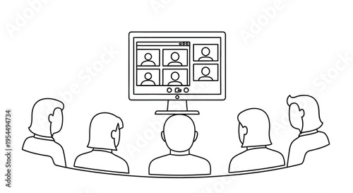 Illustration of a video conference meeting with people gathered around a screen