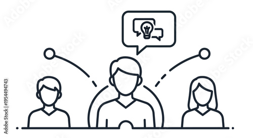 Team brainstorming session with a lightbulb idea within a speech bubble