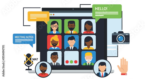 Virtual meeting illustration showcasing diverse participants on a laptop screen
