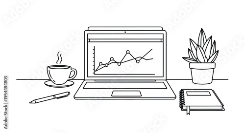 Workspace setup featuring a laptop coffee plant and office supplies