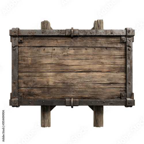 A rustic wooden sign with a heavy metal frame and posts on black. isolated on transparent background