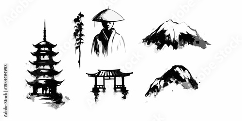 Ink wash painting featuring pagodas mountains and a traditional hat