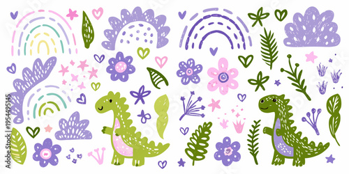 Playful dinosaurs rainbows flowers and foliage in a whimsical illustration