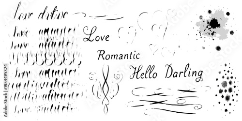 Calligraphic elements and romantic words in black ink on white